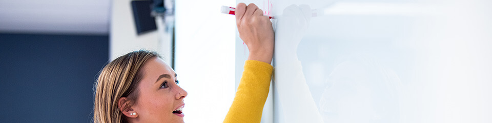 A teacher writes on a markerboard.